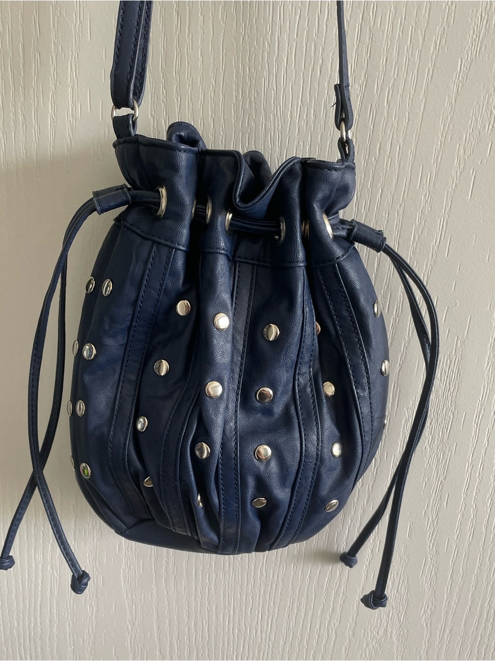 Bueno Navy Studded Drawstring Bucket Bag